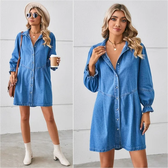 Flounce Dream Mini Denim Dress - Light Blue